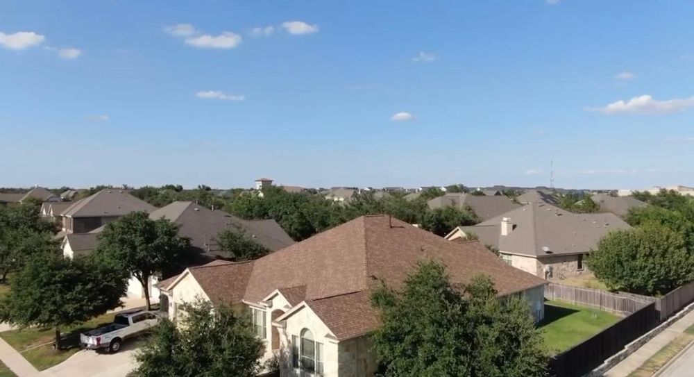 Composition shingle roof, aerial view